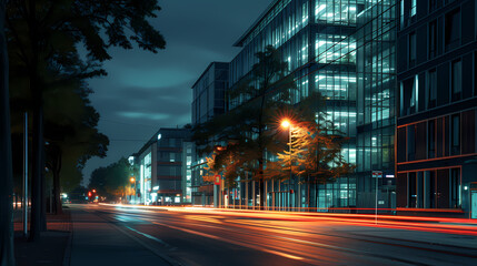 Modern buildings at night in an urban environment