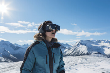 woman stands in awe, a VR headset on, virtually experiencing the serenity of the majestic, snow capped mountain range before her