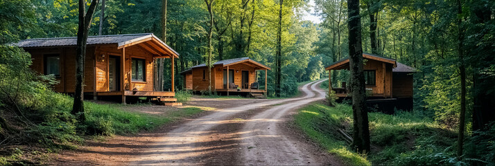 des bungalows en bois installés dans une forêt le long d'un chemin de terre