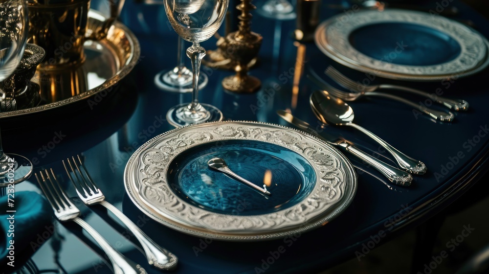 Poster a table topped with a blue table cloth covered in silverware and a plate with a lit candle on top of