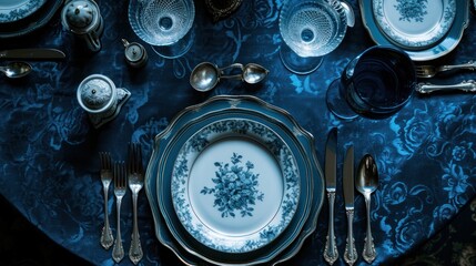  a table is set with a blue and white table cloth and silverware and a blue and white plate with a snowflaked design on the center of the plate.