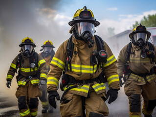 A firefighter team in full gear during training, prepared to quickly respond to emergencies.
