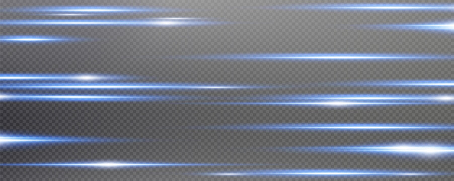 Set of realistic vector blue stars png. Set of vector suns png. Blue flares with highlights. Horizontal light lines, laser, flash.