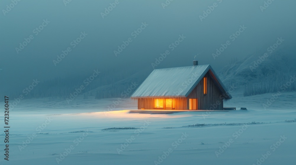 Poster a house in the middle of a snowy field with a light coming out of it's windows in front of a mountai