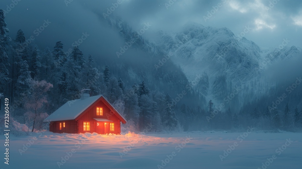 Poster a red house in the middle of a snow covered field with a mountain in the background with clouds in t