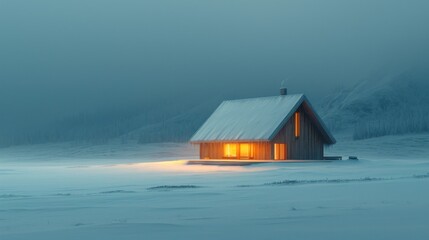  a house in the middle of a snowy field with a light coming out of it's windows in front of a mountain in a foggy, overcast sky.