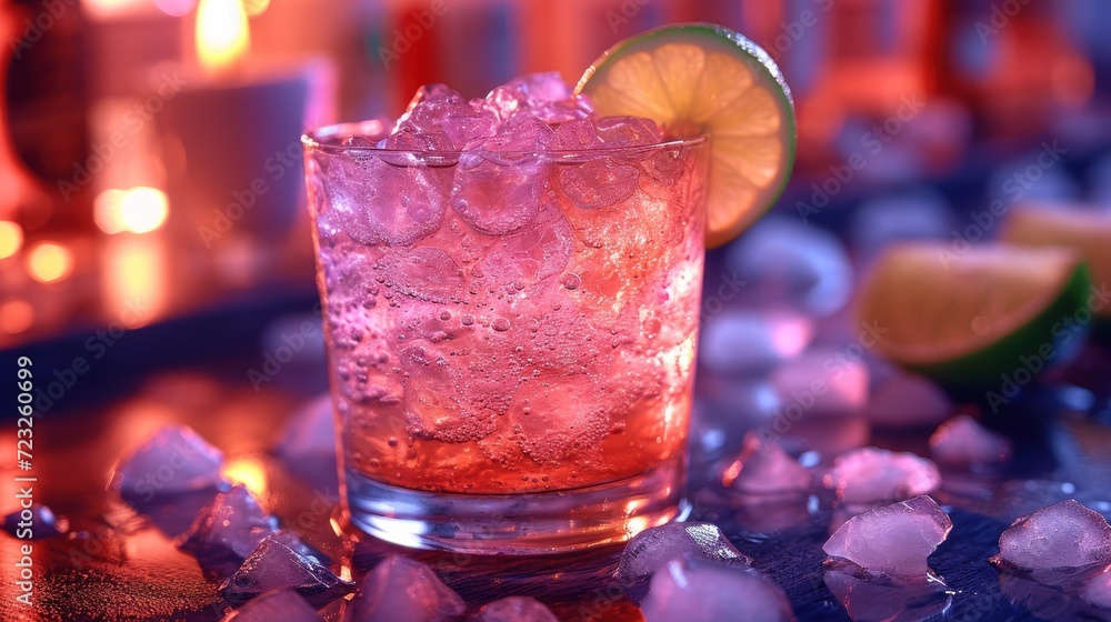 Poster a close up of a drink on a table with ice cubes and lemon wedges on the side of the glass and a lime