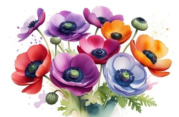 Fototapeta premium Bright, multicolored anemones on a white background. Watercolor illustration for design, print or background
