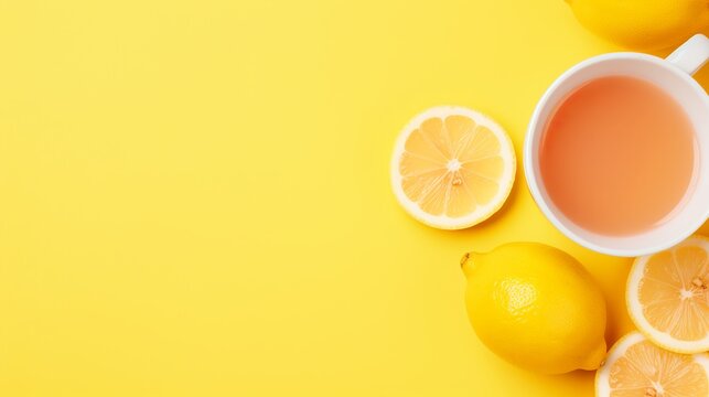 Top view cup of tea with lemon slices on white wall drink tea cup lemon