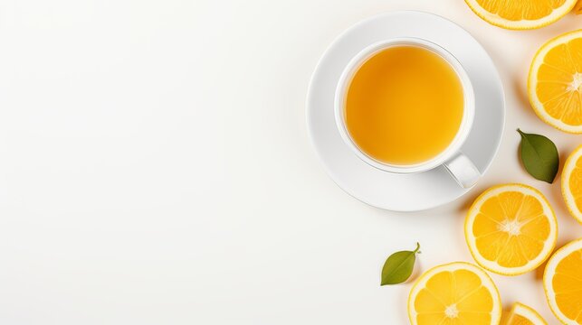Top view cup of tea with lemon slices on white wall drink tea cup lemon