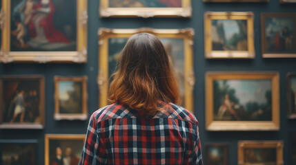 Art Enthusiast Appreciating Classic Paintings - Woman Contemplating Artwork in Gallery Setting