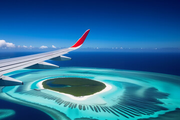 View from airplane window. Wing of an airplane flying above the clouds over tropical island. Maldives islands view from airplane window with airplane's wing
