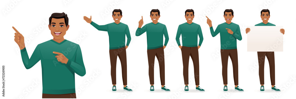 Wall mural Set of young business man poses wearing casual green sweater with different gestures showing something. Isolated vector illustration