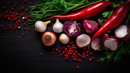 Top view of fresh vegetables onions garlics red chilly peppers with greens on dark, food meal ingredient product