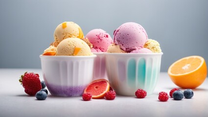 Scoop ice cream in bowl, minimal, red, pink, orange, yellow, blue, purple, sliced fruit, strawberry