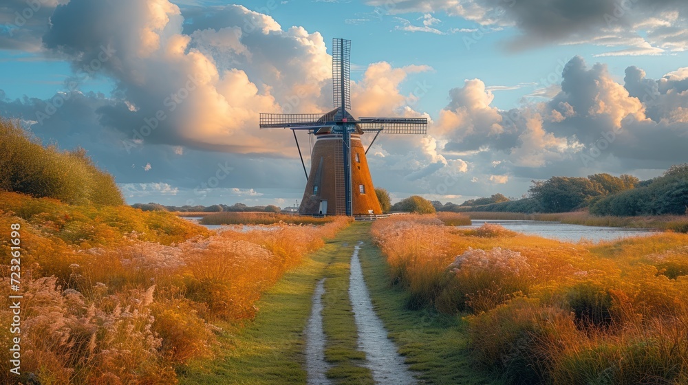 Poster a windmill in the middle of a field with a path leading to it and a body of water on the other side 