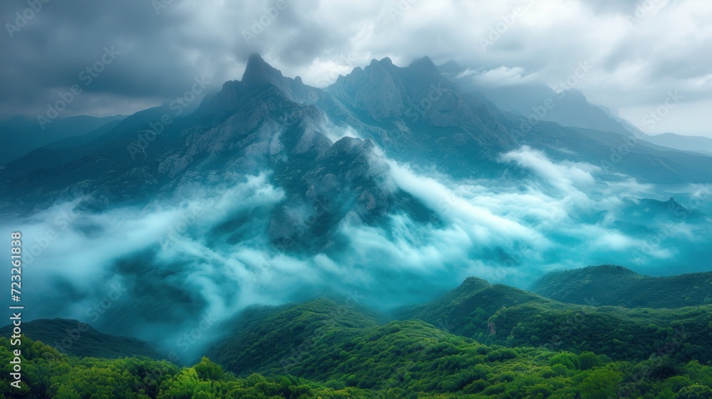 Poster a view of a mountain range covered in clouds and green trees with a bird's eye view of the top of th