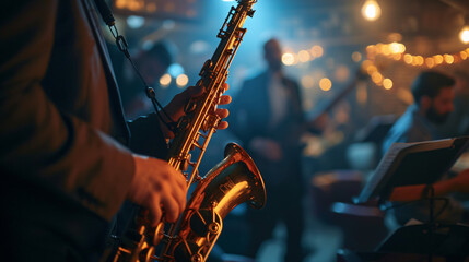 A jazz ensemble in a dimly lit club focusing on a saxophonist lost in the music. - obrazy, fototapety, plakaty