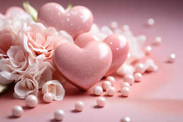 Obraz premium Magic background in pink colors with hearts, roses and pearls on Valentine’s Day, Birthday and holidays. Place for text.