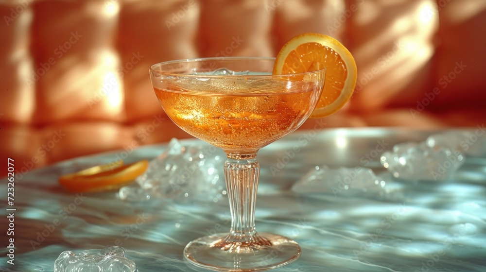 Poster a close up of a drink in a wine glass on a table with ice cubes and an orange slice on the side of t
