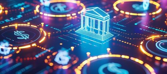 Interactive holographic banking instruments icons with copy space for text placement