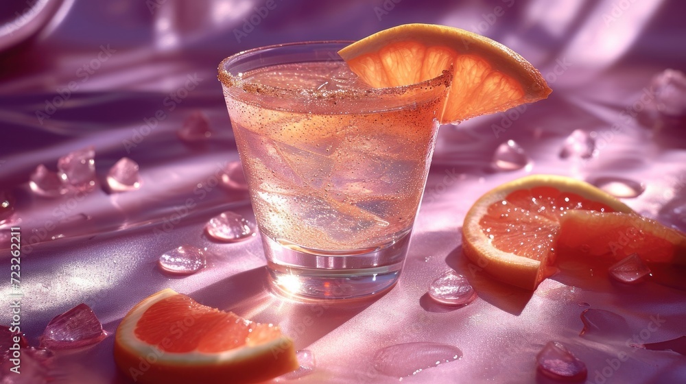 Poster  a close up of a glass of water with a slice of grapefruit and a grapefruit on a table with ice cubes and water droplets around it.