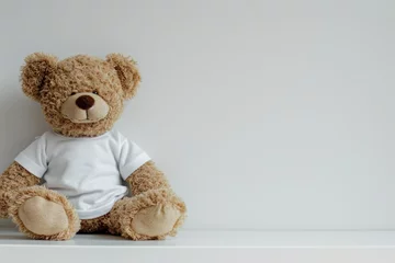 Fototapeten Brown teddy bear toy white shirt on white table white wall space to copy © The Big L