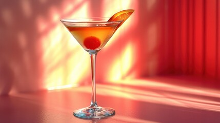  a close up of a drink in a glass with a slice of orange on the rim of the glass and a red curtain behind the glass and a red curtain.