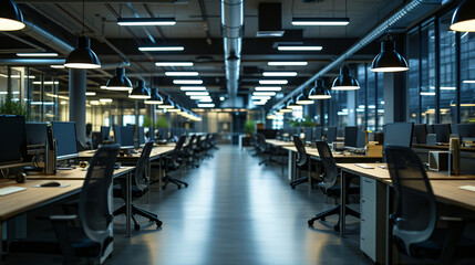 Naklejka na ściany i meble A large open office space with rows of empty desks and chairs under a modern lighting system.