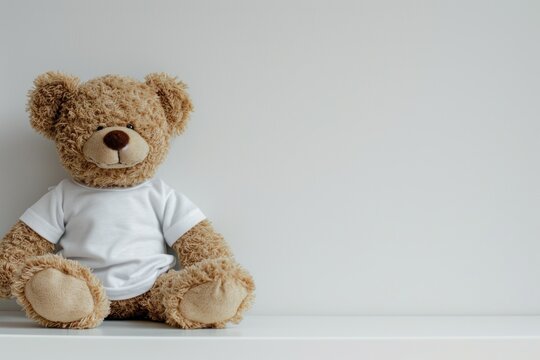 Brown teddy bear toy white shirt on white table white wall space to copy
