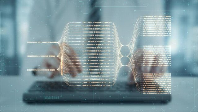Programming language hologram with coder hands typing on computer keyboard abstract background. Artificial intelligence and deep machine learning concept. Big data technology and AI neural network