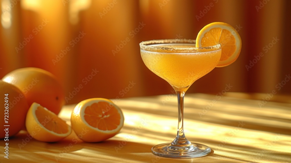 Poster a glass of orange juice with a slice of orange next to it on a table with oranges on the side of the