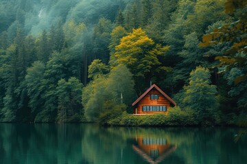 a house sitting on top of a lake next to a forest