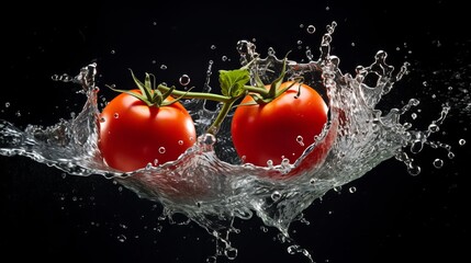 Two halves tomatoes splashing into clean water