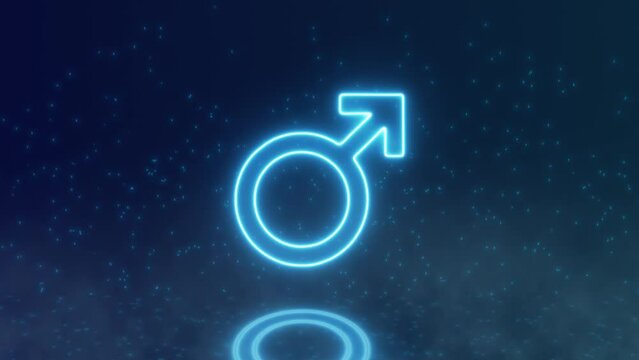 Neon Male Gender Symbol Icon with a Particle Background. Masculine Symbol. Gender Indicator. Gender Diversity and Equality. Neon Sign. Neon Blue Male Sing