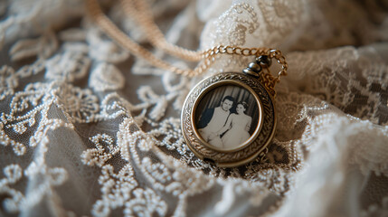 A locket with a photo of a couple inside resting on a lace fabric.