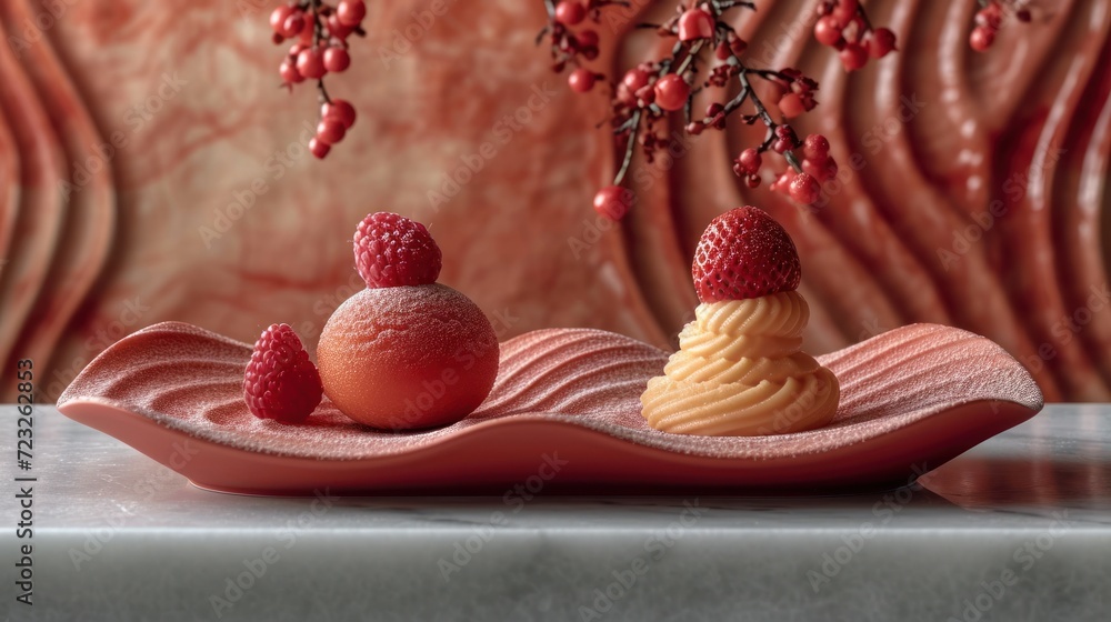 Aufkleber a close up of a plate of food with raspberries and a cupcake on a plate on a table with a tree branc