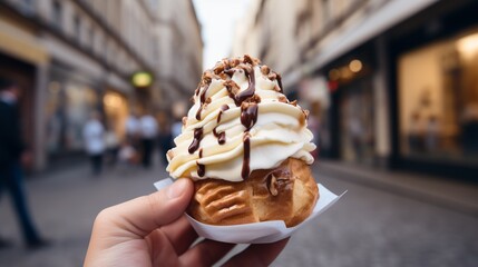 Vertical shot of a person holding a cronut ice-cream in prague, czech republic - obrazy, fototapety, plakaty