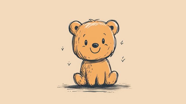  a drawing of a brown teddy bear sitting on the ground with a smile on it's face and eyes, on a beige background with a light brown background.