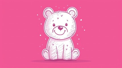 Obraz na płótnie Canvas a drawing of a white teddy bear sitting on a pink background with snow flakes on it's head and a pink background with a pink background with a white outline of snowflakes.