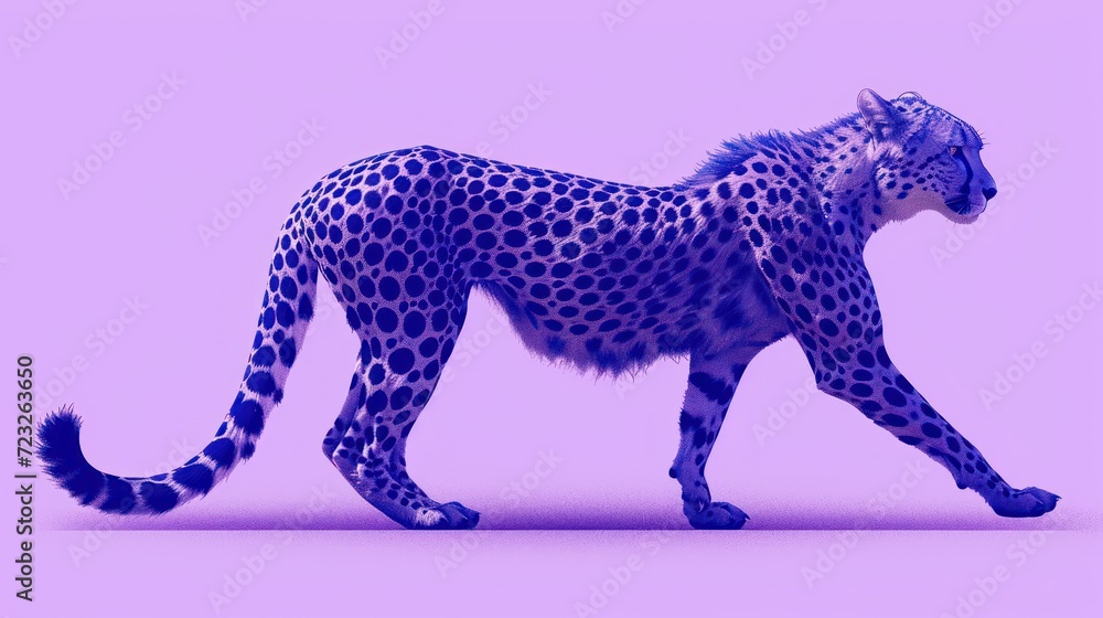 Poster  a 3d rendering of a cheetah walking on a pink background with a spotty spotty pattern on the side of the cheetah's tail.