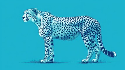  a drawing of a cheetah standing on a blue background with a black spot on it's head and a black spot on its body, it's head, it's tail, it's tail, and it's tail, it's tail, and.