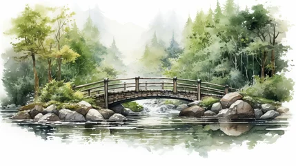 Poster Watercolor landscape with waterfall and wooden bridge in the forest hand drawn illustration © Akbar