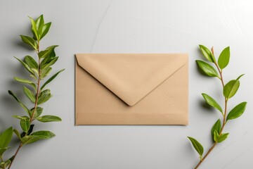 Recycled craft paper envelope with leaves on white background. Ecology and zero-waste, green lifestyle. Mockup, template for design. Minimalistic composition. Top view, flat lay
