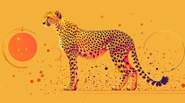  a painting of a cheetah standing in front of an orange and yellow background with circles and dots on the bottom half of the image and bottom half of the cheetah cheetah cheetah.