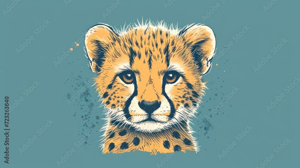 Poster a close up of a cheetah's face on a blue background with a splash of paint on the left side of the c
