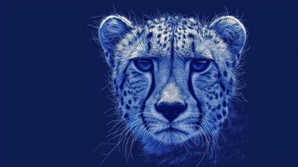  a close up of a cheetah's face on a blue background with a blurry image of the head of a cheetah cheetah.