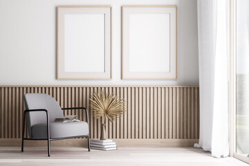 Minimal style blank picture frame made of wood Hang on the wall in the vintage living room 3d render, near the window, Decorated wall with wooden slatted skirt, furnished with gray armchair - obrazy, fototapety, plakaty