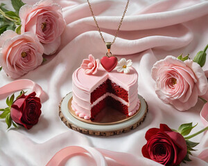Romantic Valentine's Day - Gift of Love, Red Velvet Cake, Pendant Necklace, Floral Oil Painting Gen AI - 723263837