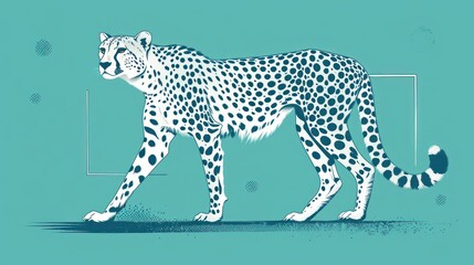  a drawing of a cheetah standing in front of a blue background with dots on it's body and a rectangle frame in the middle of its body.